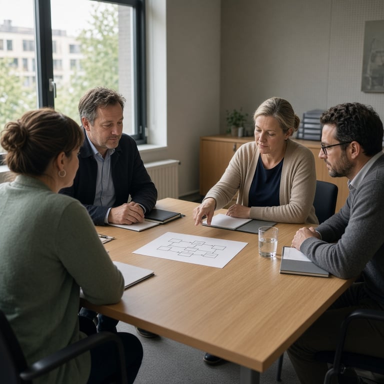 Professionals uit zorg, gemeente en veiligheid bespreken gezamenlijk een casus aan een vergadertafel